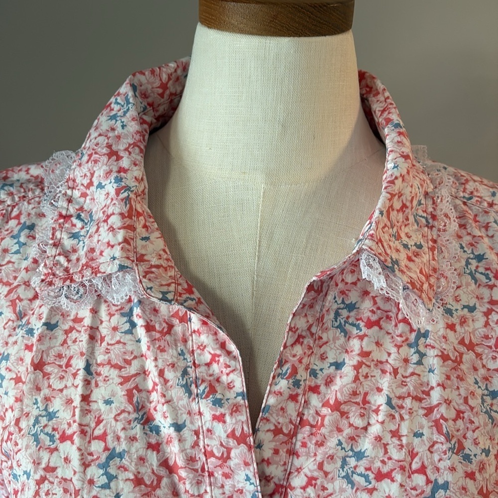 Style & Co Floral Pink 1/2  Button-Up Women's Top tunic cotton lace trim XL